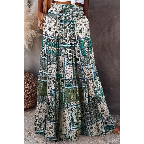 Flowy Tiered Maxi Skirts for Women 2025 Trendy Summer Vacation Boho Floral Skirt Elastic Drawstring A Line Skirt3