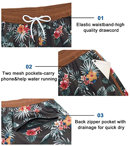 Cozople Mens Swimming Trunks 5" Swim Trunks With Compression Liner 80S Vintage Beach Shorts With Mesh Lining Pockets,Hibiscus Black,L #TOP7