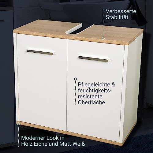 BadeDu Arc Waschbeckenunterschrank freistehend mit Chromgriffen, Badezimmerschrank mit viel Stauraum, Unterschrank aus hochwertigem Holzwerkstoff in trendigem Weiß/Eiche
