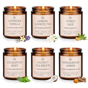 6-Pack Scented Soy Candle Set – Lavender Vanilla, Eucalyptus, Sandalwood, Jasmine & White Tea, Coconut, Sage | Natural Long Lasting Aromatherapy Candles for Home, Relaxation & Birthday Gifts
