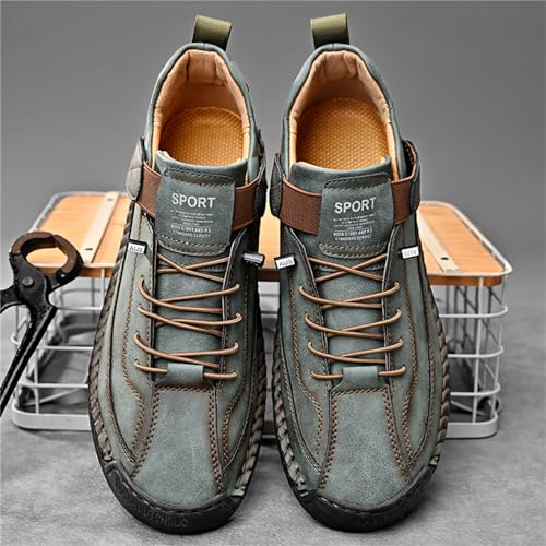 Image of Men'S Hand Stitching Leather Chukka Ankle Boots with Adjustable Elastic Band Casual Slip-On Non-Slip Walking Loafers Retro High Top Flat Shoes