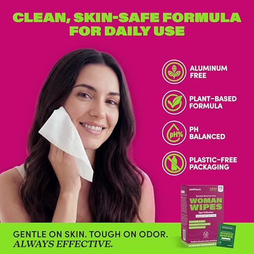 Image of Zero Trace Deodorant Body Wipes for Women - Aluminum Free Underarm Wipes with Lactic Acid - Cucumber Aloe, Lavender Chamomile, Vanilla Coconut - Individually Wrapped Travel Wipe for Gym - 30 Pack