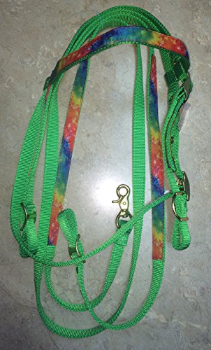 Ron Mar Pony Nylon Headstall Bridle and 8' Barrel Reins Lime Green w/Tye Dye Overlay, Pony