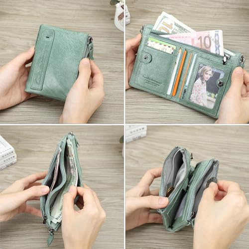 Image of CONTACTS Soft Leather Wallet for Women and Men Small Bifold Coin Purse Double Zipper Card Holder RFID Blocking (Matcha Green)
