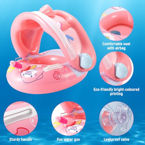 Image of PATPAT Thicken Inflatable Kids Pool Float with Canopy Detachable, Pirate Ship Floaties with Captain & Water Gun, 70CM Swimming Tubes for Boys & Girls Suitable Child for 3-6 Year Olds