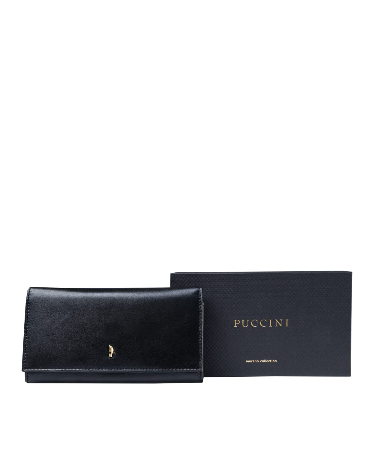 PUCCINI Portfel Damski Skórzany poziomy elegancki czarny