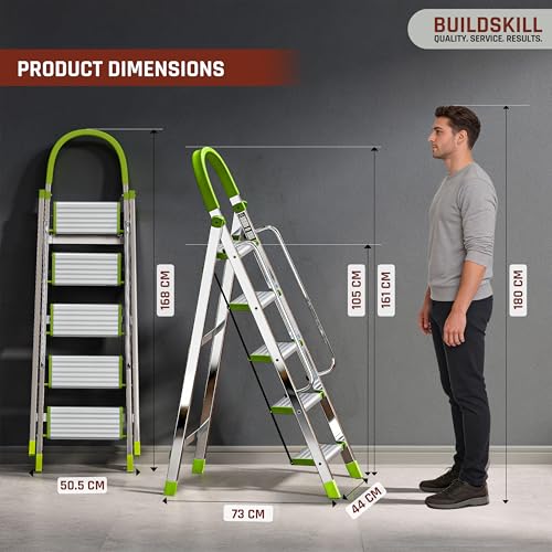 Image of BUILDSKILL Aluminium Ladder for Home 5 Steps | 34x16cm Wide Anti-Slip Aluminium Steps | Stainless Steel Body | Handrails | Load 150 Kg | Foldable Lightweight 5.35KG Ladder for Kitchen, Office & Home