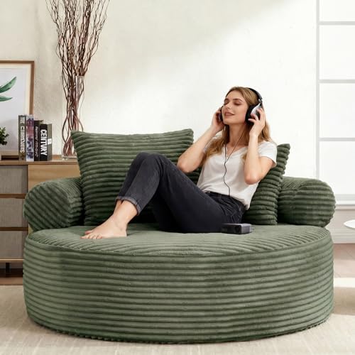 Image of Oversized Round Chair Lounge Chaise Indoor, 55.5 inch Upholstered Corduroy Deep Seat Single Cloud Sofa Chair, Fluffy Modern Large Circle Boneless Sleeper Sofa for Living Room, Bedroom, Green