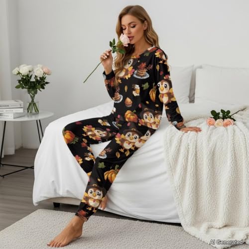Image of Womens Lounge Set Long Sleeve Soft Pajama Sets Casual 2 Piece Pj Outfit Crewneck Sleepwear with Pockets Plus Size