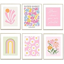 Pink Aesthetic Wall Decor Art Prints, 8"x10" Matisse-Inspired Posters, Coquette Flower Wall Art for Teen Girls Room, Dorm, or Apartment, Pastel Room Decor for Girls, Set of 6 Unframed