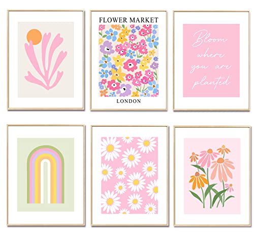 Pink Aesthetic Wall Decor Art Prints, 8"x10" Matisse-Inspired Posters, Coquette Flower Wall Art for Teen Girls Room, Dorm, or Apartment, Pastel Room Decor for Girls, Set of 6 Unframed
