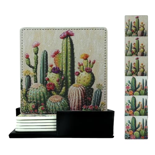 Marble Coasters Square Leather Drinks Coaster Set with Holder for Coffee Table Bar Home Decor 4 Inches Set of 6 (Cactus, One Size)