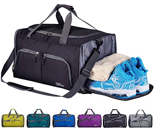 CoCoMall Foldable Sports Gym Bag with Shoes Compartment & Wet Pocket, 45L Travel Duffel Bag for Men and Women (Black)