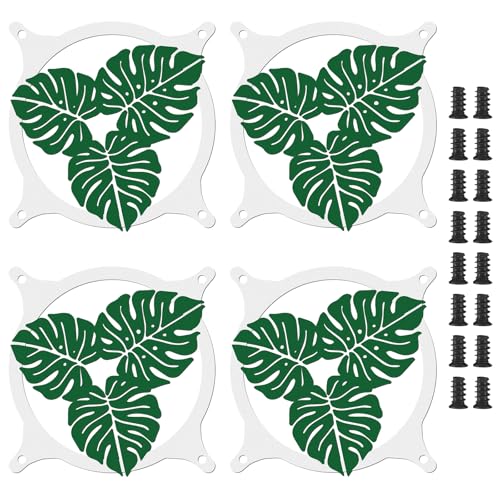 Lounsweer 4 Pcs 120mm Green Monstera Guard Fan Grill Metal PC Cover Fan Grill with Screws Cute Computer Accessories Coquettish PC Decor for Office Game Room for Girls Women