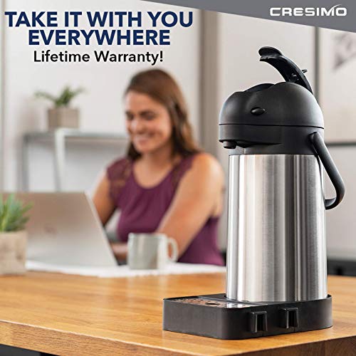 Cresimo 74 Ounce (2.2 Liter) Airpot Thermal Coffee Carafe/Lever Action/Stainless Steel Insulated Thermos / 12 Hour Heat Retention / 24 Hour Cold Retention (Airpot with Drip Tray)