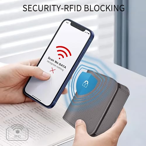 Image of Women Small Wallet RFID Blocking Slim Wallet with Coin Pocket Tri-Fold Credit Card Holder with ID Window and Keychain (Grey)