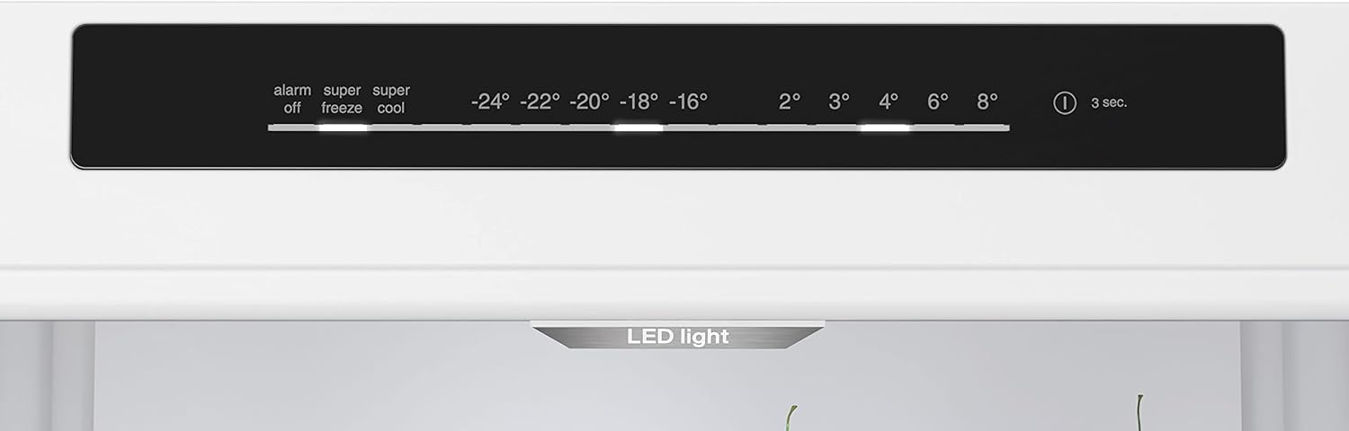Close-up of the Bosch KGN39VXCT refrigerator's LED control panel