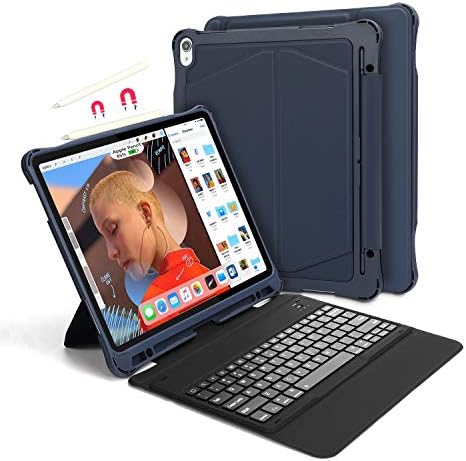 iPad Pro 12.9 Keyboard + Leather Case, Vivefox Wireless iPad Keyboard + Folio Smart Keyboard Case, with Pencil Holder, Auto Wake/Sleep Feature for Apple iPad Pro 12.9 inch (2018 Blue)