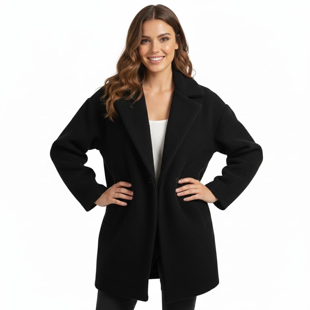 Women's Winter Wool Blend Black Oversized Coat Shoulder 16" Bust 44" Length 34" L-picture-19