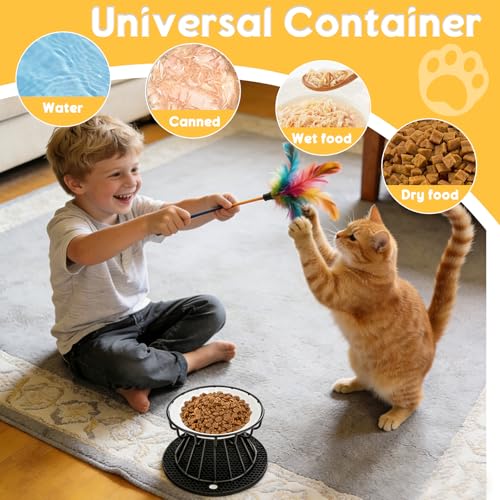 Staranry 2 Stück Erhöhter Futternapf Katze mit Napfunterlage Silikon und Metallständer, Katzennapf Erhöht 15 cm Durchmesser, 10 cm Metallständer, für Futter Wasser, Katzen und Kleine Hunde, Schwarz