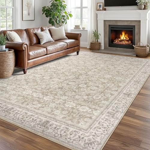 8x10 Area Rugs for Living Room Cream Beige White Grey, Machine Washable Large Area Rug Non-Slip, Ultra Soft Vintage Floral Tribal Farmhouse Carpet for Dining Room Bedroom Home Décor