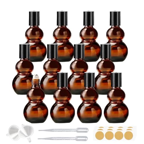 Essential Oil Roller Bottles, 10ml Amber Gourd Shaped Glass Roller Bottles with Stainless Steel Roller Ball, for Travel,Perfume (Amber-Black Cap, 10ML)