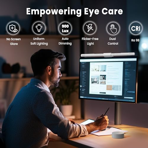 Image of Quntis Monitor Light Bar Pro White, Eye-Care No Glare USB Computer Lamp, Stepless Dimming & Auto-Dimming Brightness, Dual Control, Modern Aesthetic Space Saving Desk Accessories Office Gaming Reading