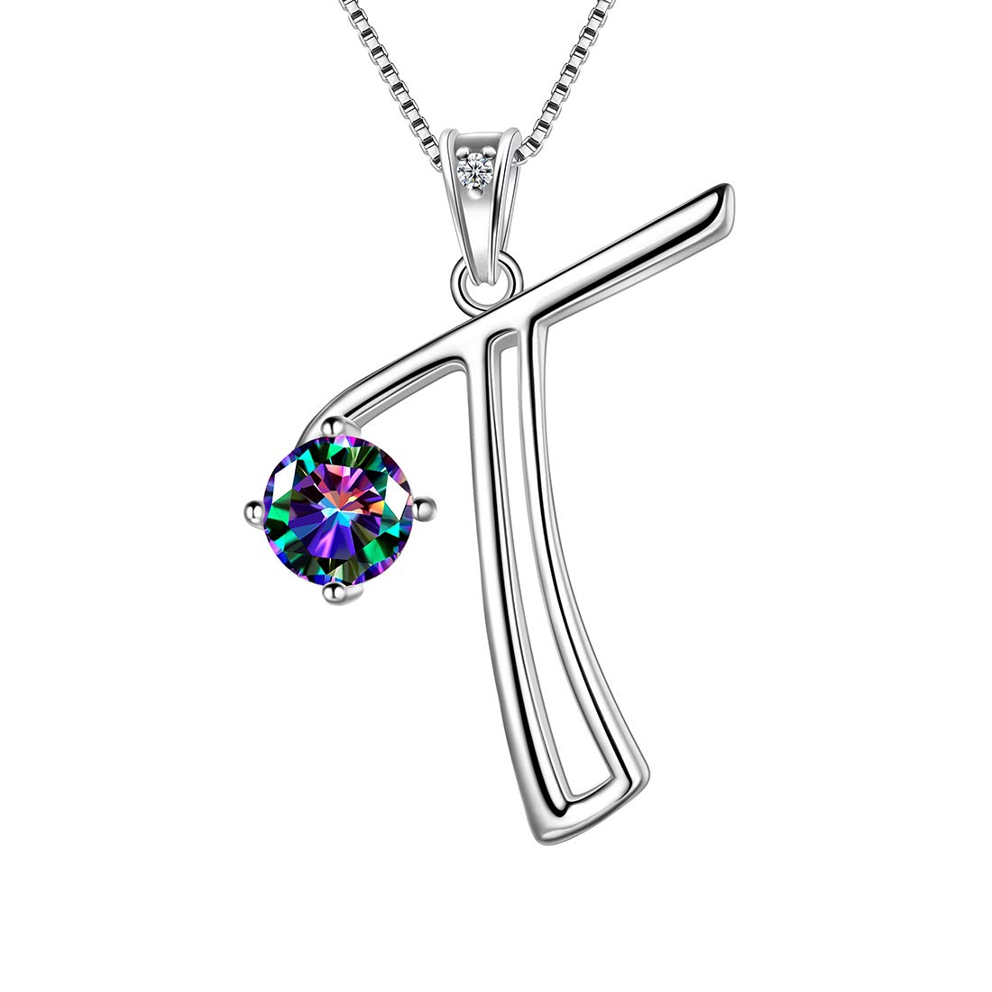 Aurora Tears Customized Letters Necklaces 925 Sterling Silver 26 Initial A-Z Alphabet Pendant with Mystic Rainbow Topaz Free Engraving Jewellery Gifts for Women and Girls