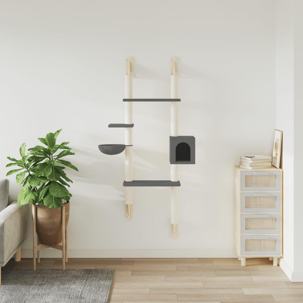 Tiragraffi da parete per gatti, grigio scuro, 180 cm, colonna tiragraffi con sisal, torre per gatti con cestino, casa e superfici di riposo, per piccoli spazi moderni, risparmia spazio sul