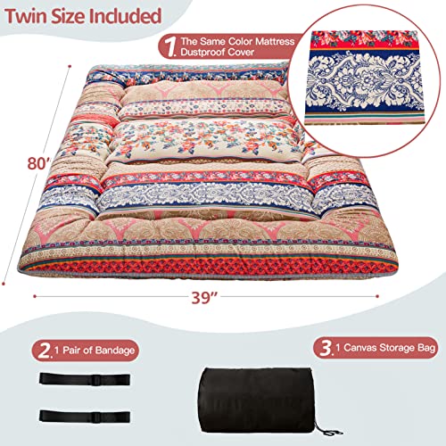 Image of MAXYOYO Bohemian Retro Floor Mattress Vintage Floral Japanese Futon Mattress Roll Up Thicken Sleeping Mat Portable Camping Mattress Floor Lounger Couch Mattress Pad, Twin Size