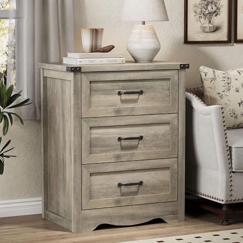Image of Nightstand with 3 Drawers, 24 inch Wide Farmhouse Bedside End Table, Rustic Wood Side Table Night Stand with Mental Handle, Tall Modern Small Dresser Chest of Drawers for Bedroom, Living Room, Dorm, Grey