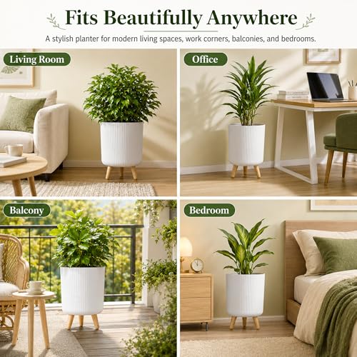 Image of Eightiz Store Modern White Flower Pot with Plastic Legs | Indoor Outdoor Planter for Home Garden Balcony Decor Ribbed Design Sturdy Plastic Mid-Century Style (White, Pack of 1)