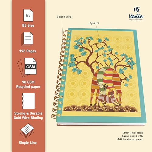 Image of VESTTA -ELEGANCE REDEFINED, B5, Hard Bound Notebook Diary, 7(L) X 9.75 (H) Inches, Gold Wiro Binding, Undated, 90 GSM paper, 192 Ruled Pages (Madhubani Folk Art Series 2)