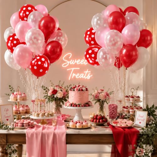 Image of TONIFUL 100 Pack Red Pink White Polka Dot Latex Balloons - Strawberry Theme Mixed Colors Balloon for Birthday Baby Shower Bridal Wedding Bachelorette Party Decorations