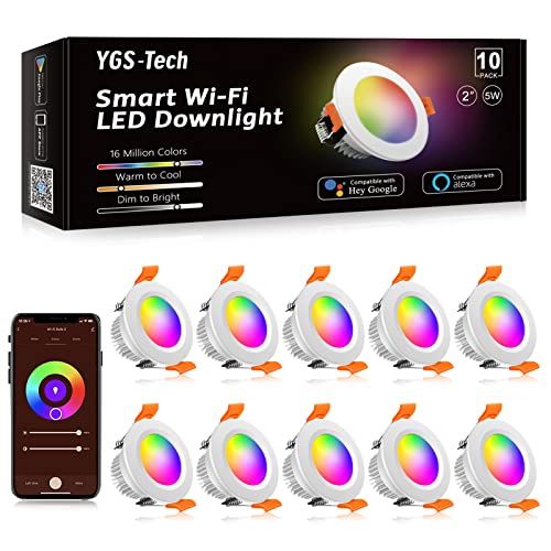 YGS-Tech Smart 2 Inch LED Recessed Lighting RGB WiFi Downlight, 5W Compatible with Alexa and Google Home, Dimmable RGB & CCT 2700-6500K Color Changing, 120V Ceiling Light with LED Driver (10 Pack)