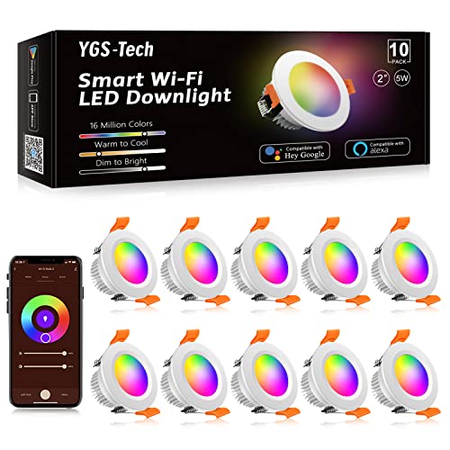 YGS-Tech Smart 2 Inch LED Recessed Lighting RGB WiFi Downlight, 5W Compatible with Alexa and Google Home, Dimmable RGB & CCT 2700-6500K Color Changing, 120V LED Ceiling Light with LED Driver (10 Pack)