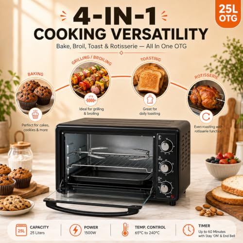 Image of ITALIA 25L OTG Oven Toaster Griller for Kitchen, 1500W Motorized Rotisserie