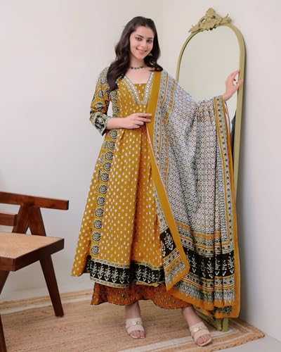Image of ANNI Designer Women's Pure Cotton Anarkali Kurta Set for Women with Dupatta & Plazzo - Hand Block Print Suit Set | Stylish Dress | Cotton Kurta Set for Women