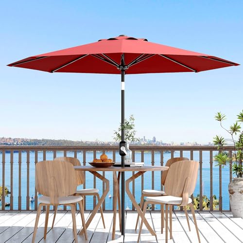 10Ft Patio Umbrella - 8 Sturdy Ribs Outdoor Table Umbrella with Crank Lift & Push Button Tilt - Market Umbrella for Pool, Deck, Yard, Garden - Red