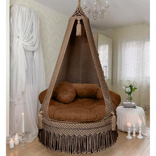 Image of Macrame Hanging Chair Swing with Cushion | Handmade Boho Hammock Chair for Adults & Kids | Indoor Outdoor for Balcony, Living Room, Bedroom, Patio & Garden (Brown)