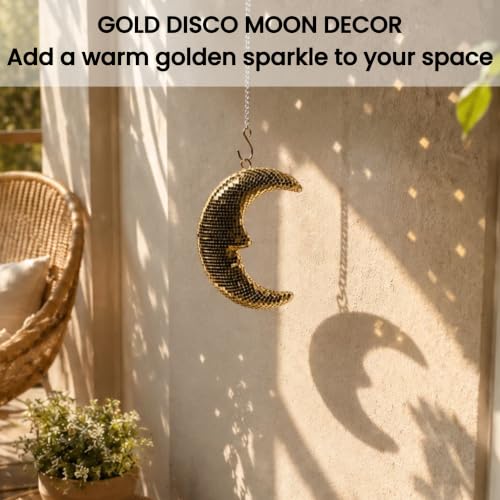 Image of Disco Ball Moon Decor 8.6 inch Gold Crescent Hanging Ornament with Chain & Hook | Reflective Disco Moon with Metal Chain and Hook, Crescent Decor for Wall, Window Hanging , Bedroom, Bar, and Holiday Decor