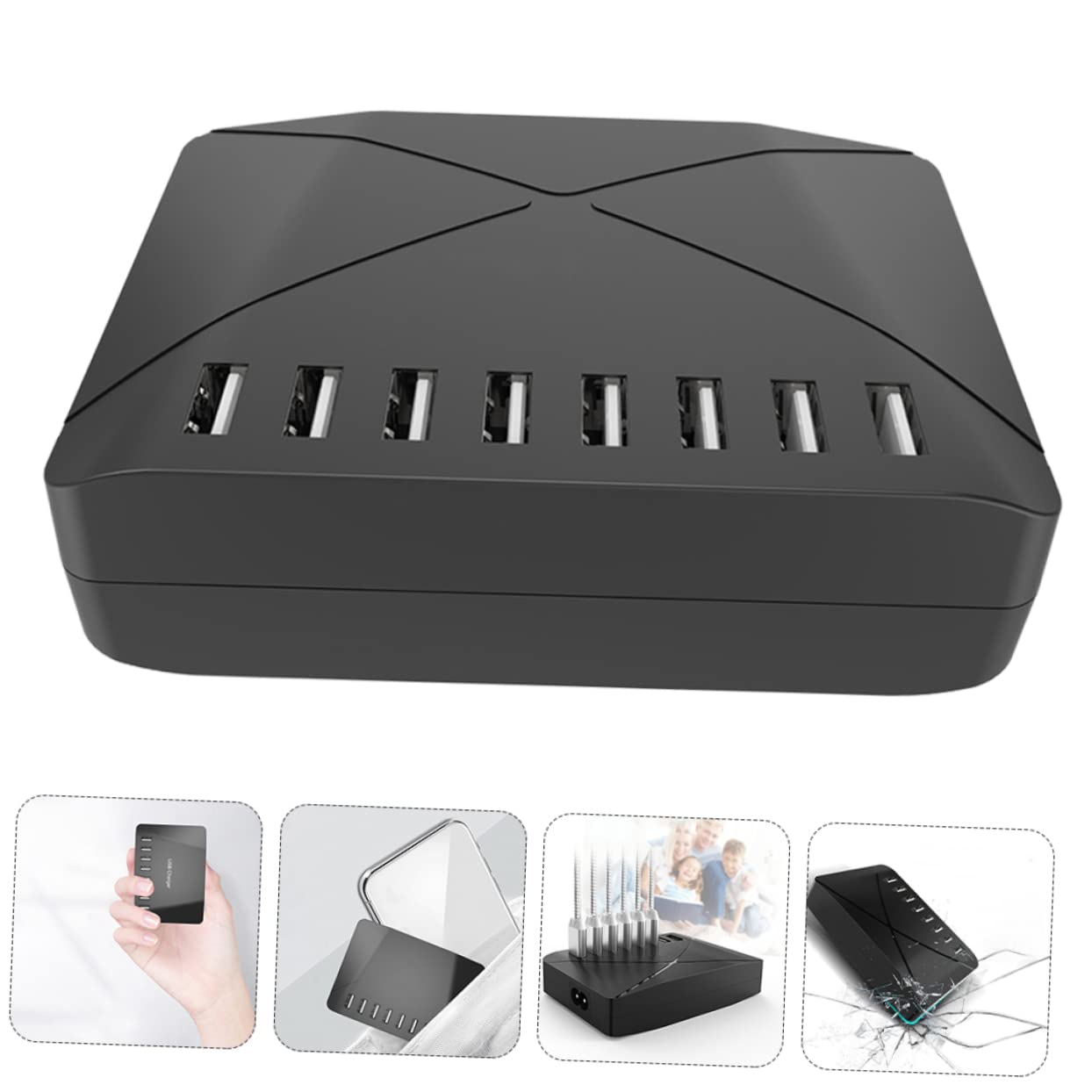 Caricatore Multi Porta USB Portatile 40w per Telefono e Diffusori | Riconoscimento Automatico, Design Salvaspazio, Abs Nero, per Comodino e Zona Tv