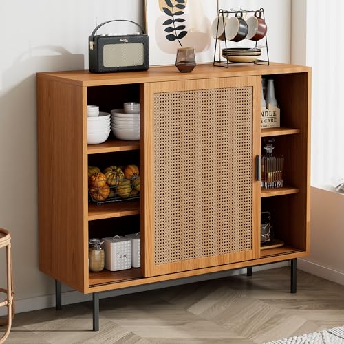 Merax Rattan Sideboard Kommode mit 2 Rattantüren, Sideboard Holz...