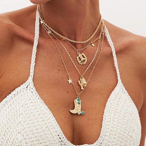 Salircon Western Jewelry for Women Cowboy Hat Boot Turquoise Necklace Cowgirl Hat Boot Charms Chain Necklac Layered Chain Necklaces for Women Cowgirl Accessories2