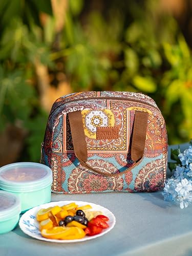 Image of ZOUK Multicolor Mandala Print Mandala Printed Jute Multicolor Insulated Lunch Tiffin Storage Picnic Bag