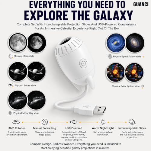 Image of GUANCI 2-in-1 Galaxy Projector Night Light, Mini Star Projector with 5 Slide, USB Portable Starry Sky LED Lamp, 360 Rotating Adjustable Brightness for Bedroom, Kids Room & Car Decor