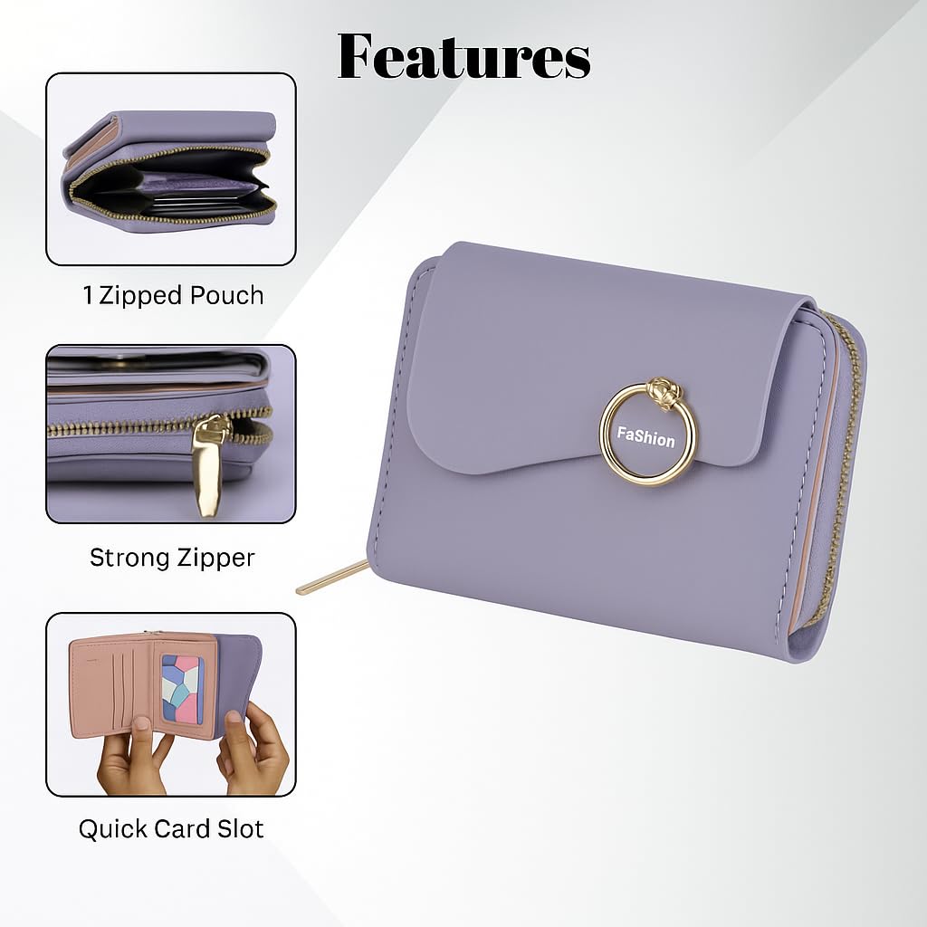 PRANIJ Small Leather Bifold Wallet for Women Fashion Compact Slim Credit Card Holder with Zipper Coin Pocket, Mini Clutch Purse for Girls (Pale Purple) 1