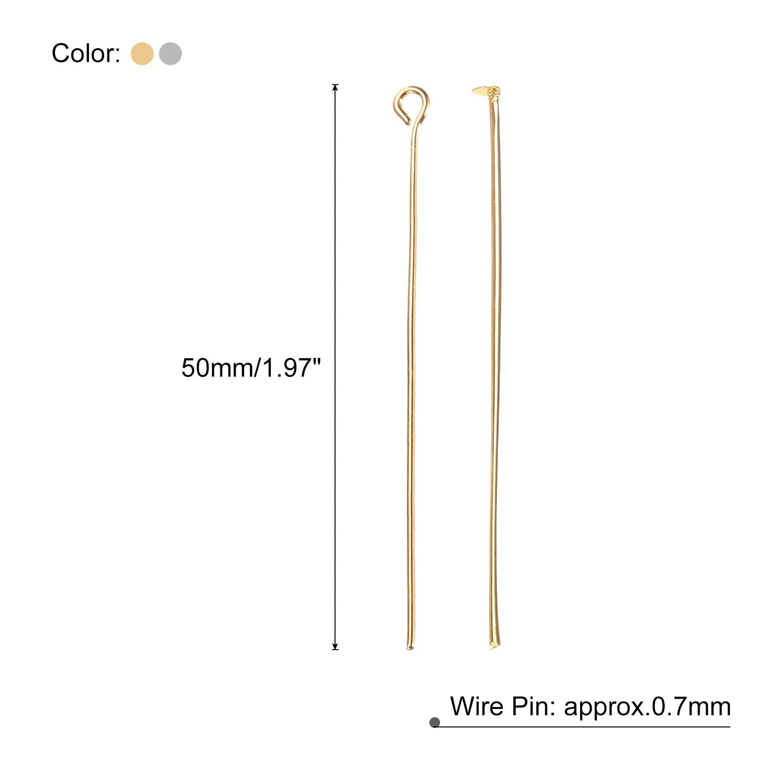 MECCANIXITY 400Pcs Gold White Iron Eye Pins 50mm 21 Gauge/0.7mm Eye Pins for Jewelry Making Findings DIY Craft Necklaces Bracelets Earrings Head Pins