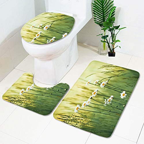 Bad Teppiche Set Gras Grüne Blume Badezimmerteppich Waschbar WC Vorleger mit Ausschnitt und WC Deckelbezug 3 Teilig Badematte rutschfest Toilettensitzbezug Badgarnitur 45x75 cm