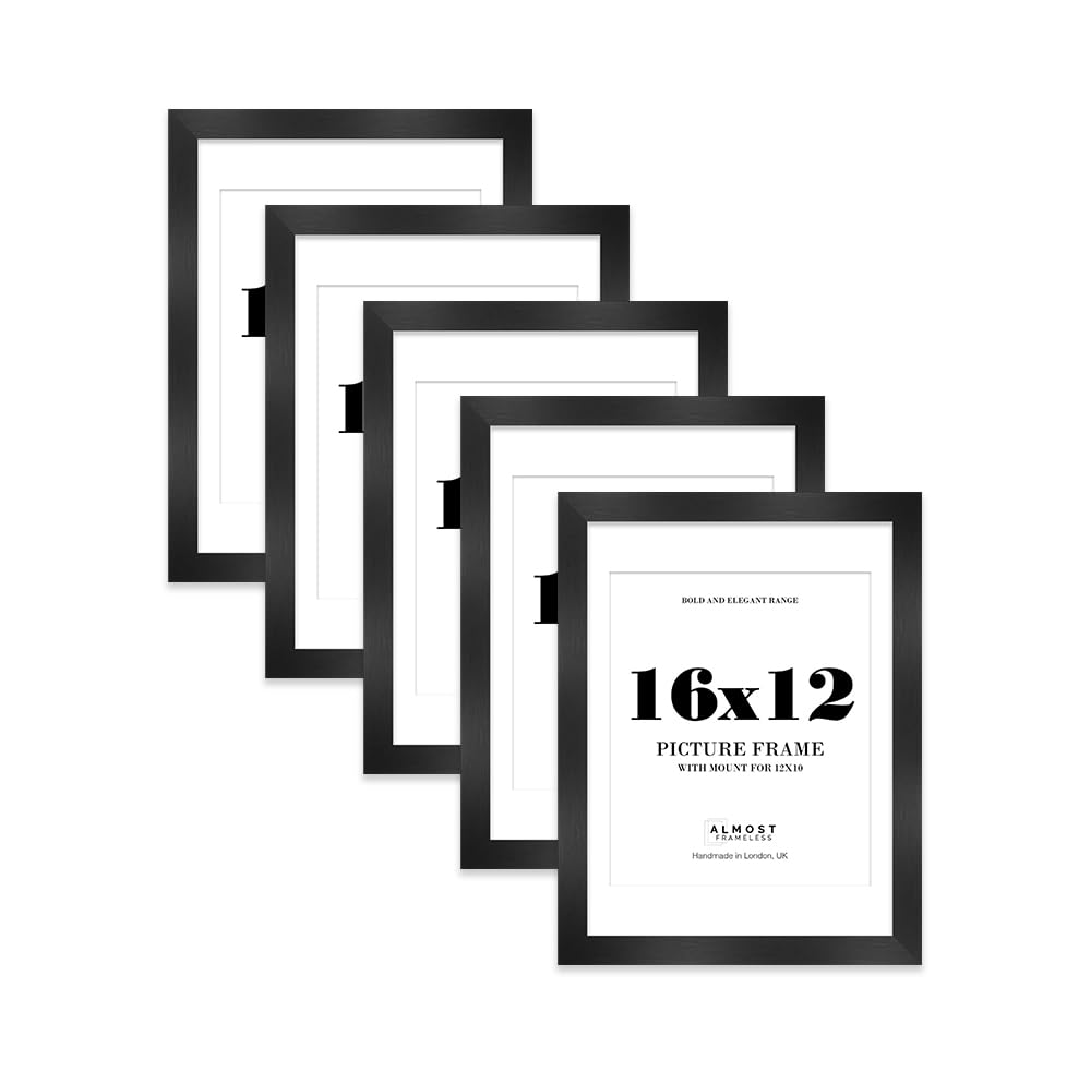 16x12 Black Frame With Mount for 12x10 Pictures 28mm Edge Portrait and Landscape Display with Wall Hooks, 5 Pack